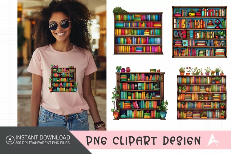 Watercolor Colorful Bookshelf Art Clipart