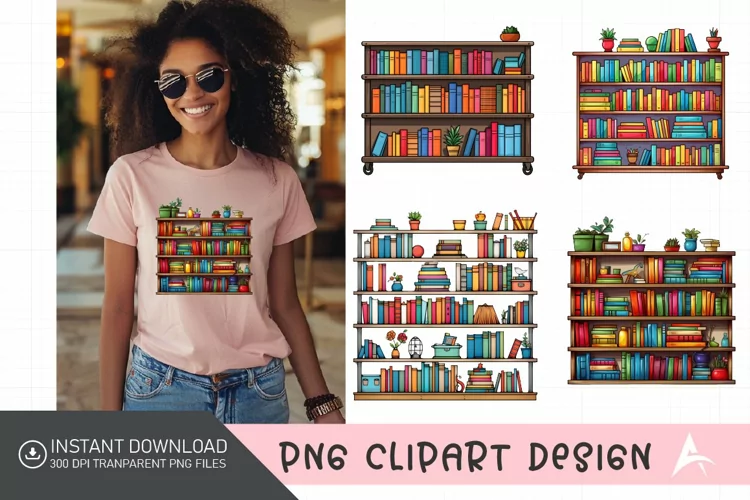 Watercolor Colorful Bookshelf Clipart