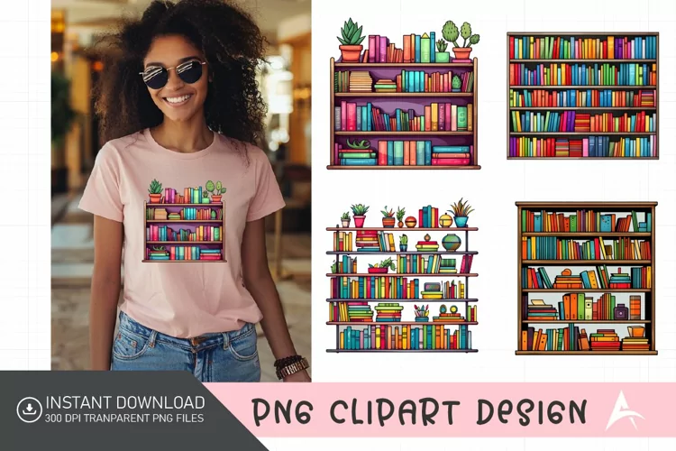Watercolor Colorful Bookshelf Clipart