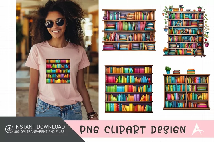 Watercolor Colorful Bookshelf Clipart PNG