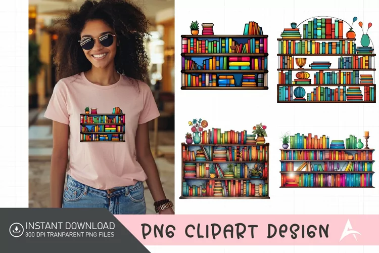 Watercolor Colorful Bookshelf Sublimation Clipart
