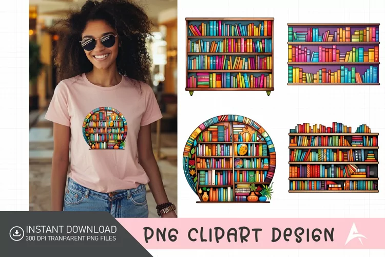 Watercolor Colorful Bookshelf Clipart PNG