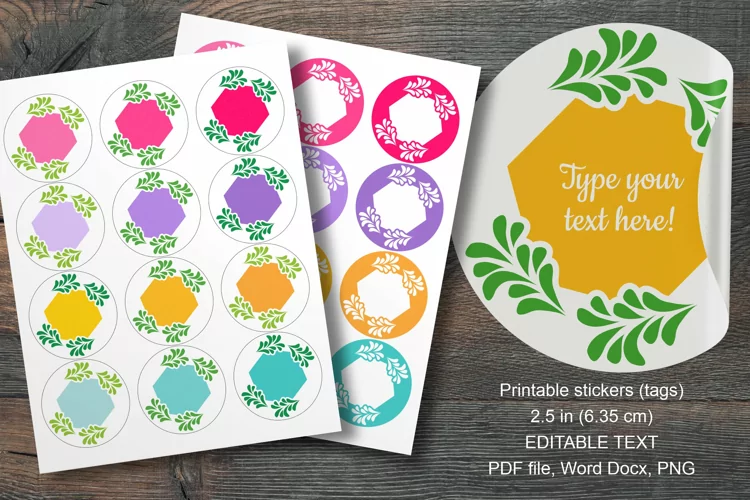 Colorful Botanical Hex Summer Round Labels 12 pcs per paper