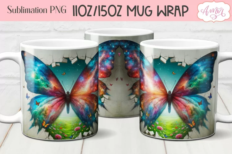 Colorful butterfly mug wrap PNG design for sublimation