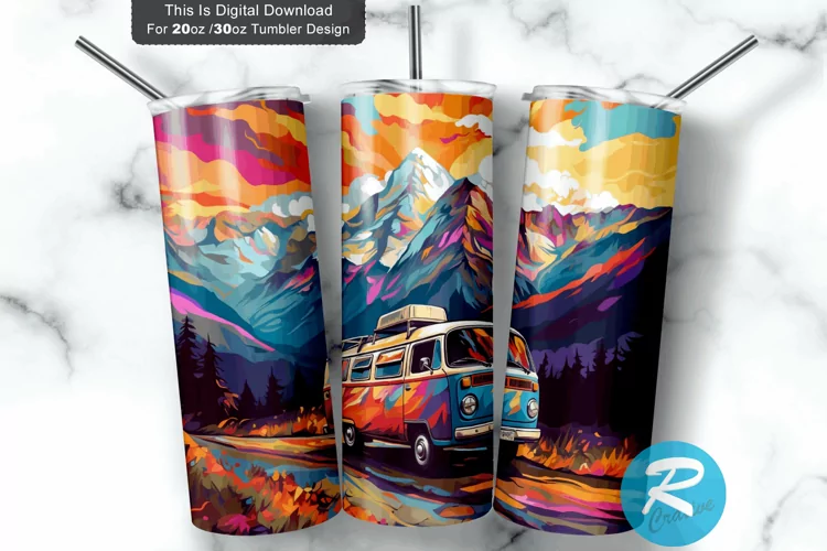 Colorful Camping Car Mountain 20oz/30oz Skinny Tumbler