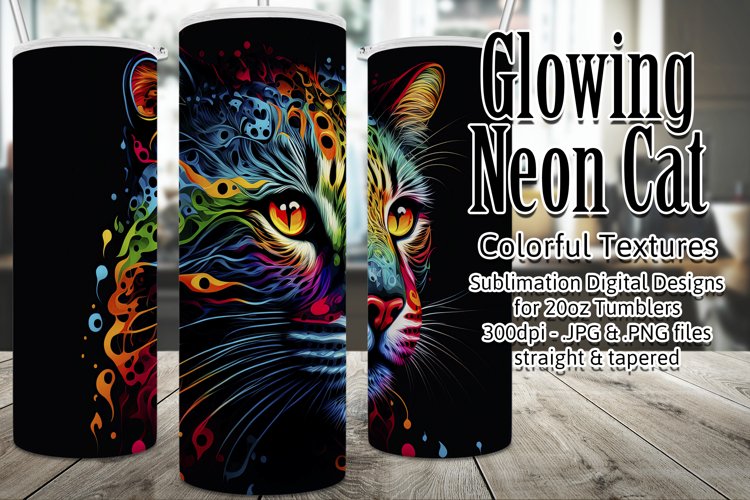 Cat Tumbler, Neon Cat Tumbler Wrap, Glowing Cat Sublimation example image 1