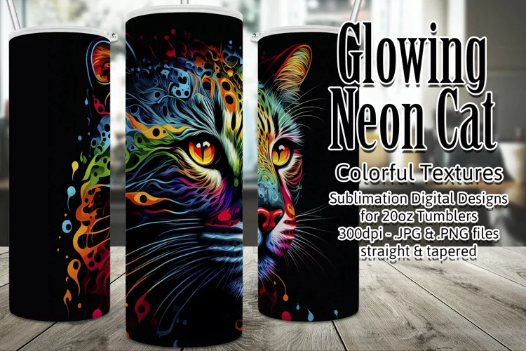 Cat Tumbler, Neon Cat Tumbler Wrap, Glowing Cat Sublimation