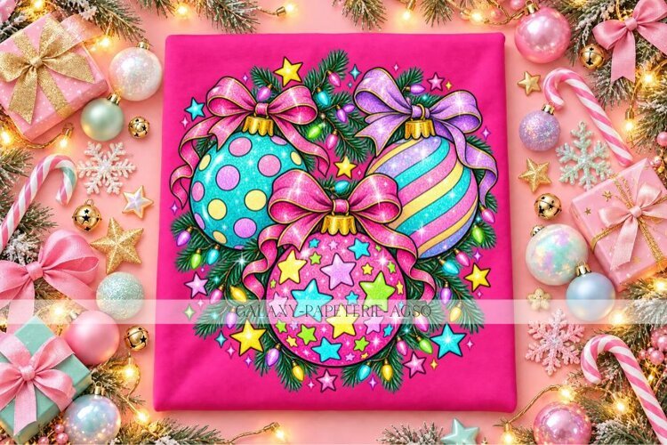 Colorful Christmas Ornament Trio PNG with Bows and Lights example image 1