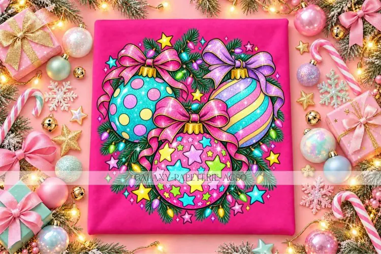 Colorful Christmas Ornament Trio PNG with Bows and Lights