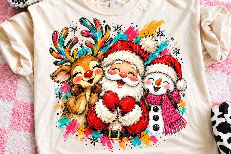 Colorful Christmas Santa Reindeer Snowman PNG example image 1