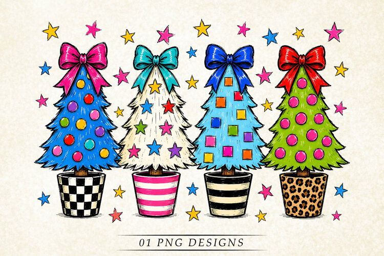Colorful Christmas Trees PNG, Whimsical Retro Holiday example image 1