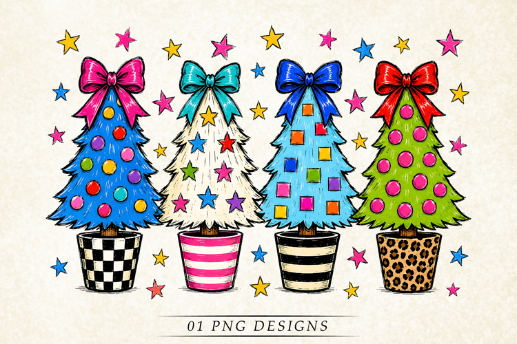 Colorful Christmas Trees PNG, Whimsical Retro Holiday