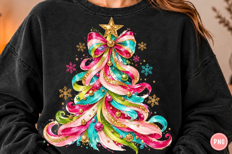 Rainbow Christmas Tree PNG | Colorful Bow Holiday Png example image 1
