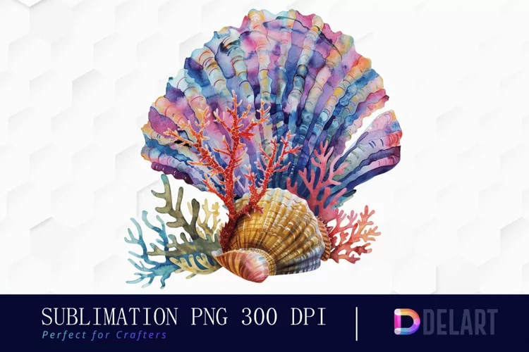 Colorful Coral Reef Sea Shell Watercolor Clipart