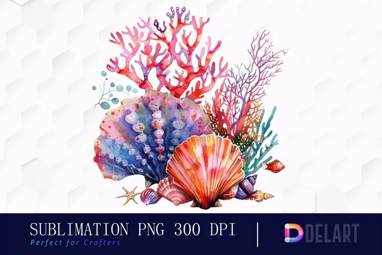 Colorful Coral Reef Sea Shell Watercolor Clipart