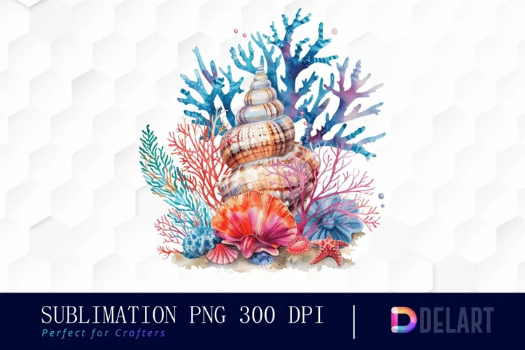 Colorful Coral Reef Sea Shell Watercolor Clipart