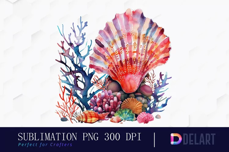 Colorful Coral Reef Sea Shell Watercolor Clipart
