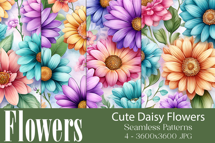 Flower Patterns, Colorful Daisies Seamless Patterns