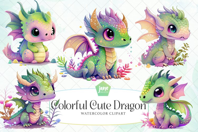 Colorful Cute Dragon Watercolor Sublimation example image 1