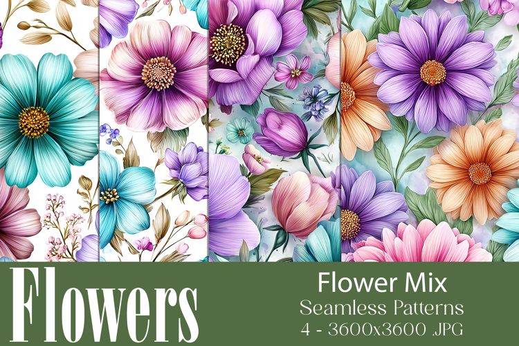 Flower Patterns, Colorful Flowers Seamless Patterns, s4
