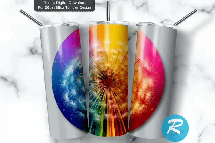Colorful Dandelion Rainbow Round 20oz/30oz Skinny Tumbler
