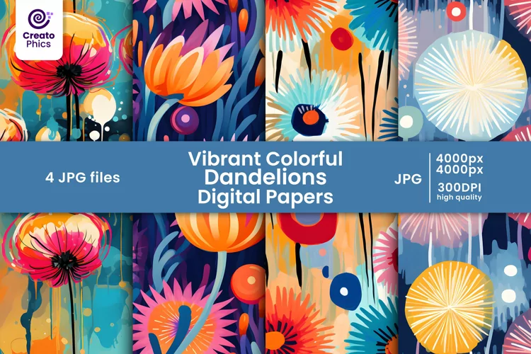 colorful dandelions digital papers and floral patterns