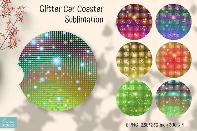 Colorful Glitter Car Coaster Sublimation. Disco Ball Design
