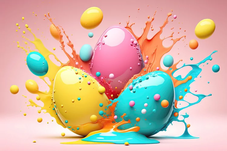 Pastel Easter eggs with colorful liquid splashes