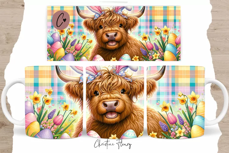 Cute Easter Highland Cow Mug Wrap, Highland Cow PNG