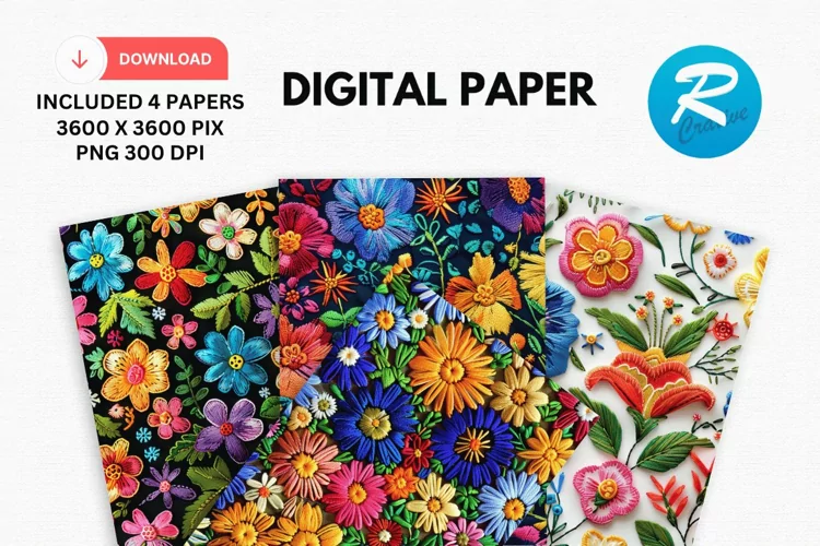 Embroidery Flowers Digital Paper, Floral Background