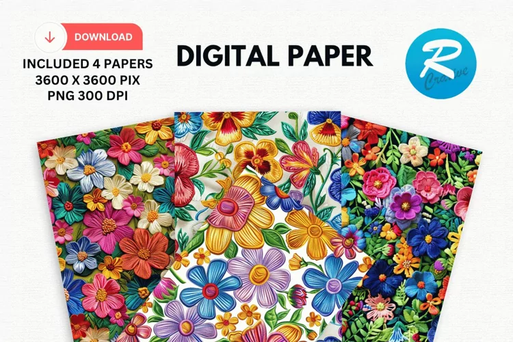 Embroidery Flowers Digital Paper, Floral Background
