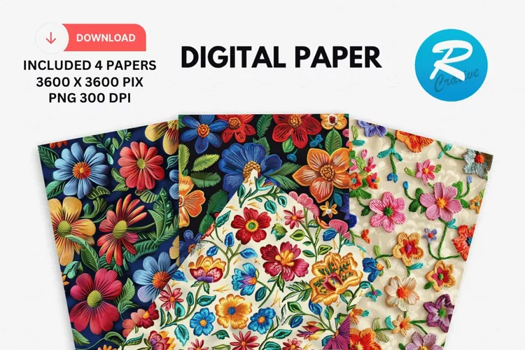 Embroidery Flowers Digital Paper, Floral Background