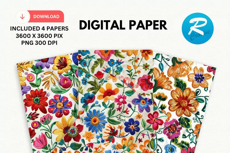 Embroidery Flowers Digital Paper, Floral Background
