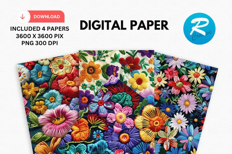 Embroidery Flowers Digital Paper, Floral Background