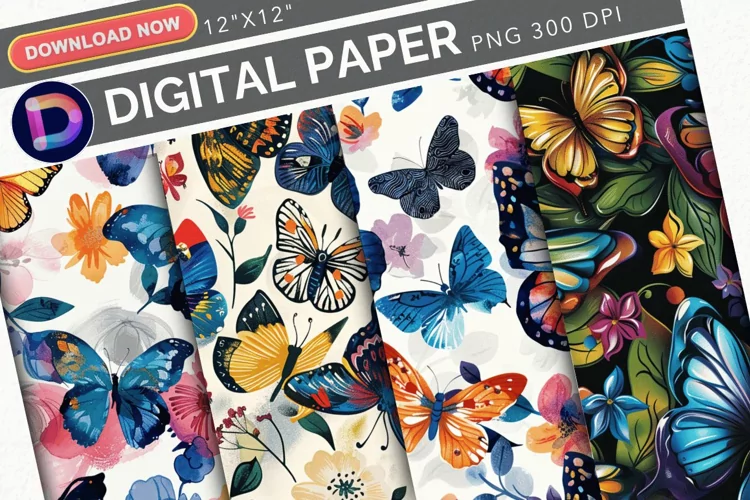 Colorful Floral Butterfly Digital Paper