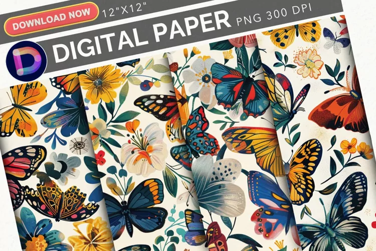 Colorful Floral Butterfly Digital Paper