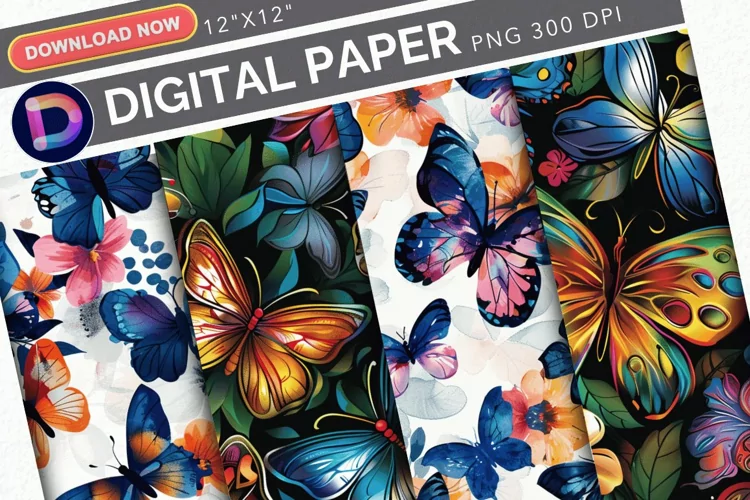 Colorful Floral Butterfly Digital Paper
