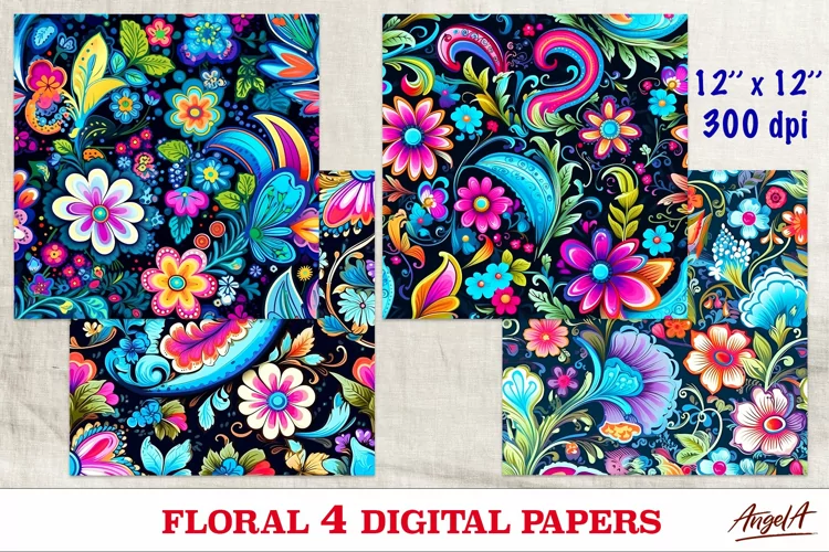 Floral digital paper / summer colorful flowers pattern