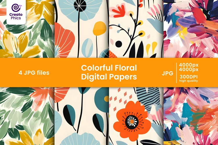 colorful floral digital papers and flower patterns wraps