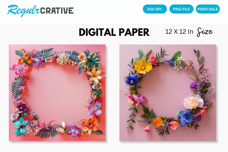 Colorful Floral Frame on Pink Digital Paper