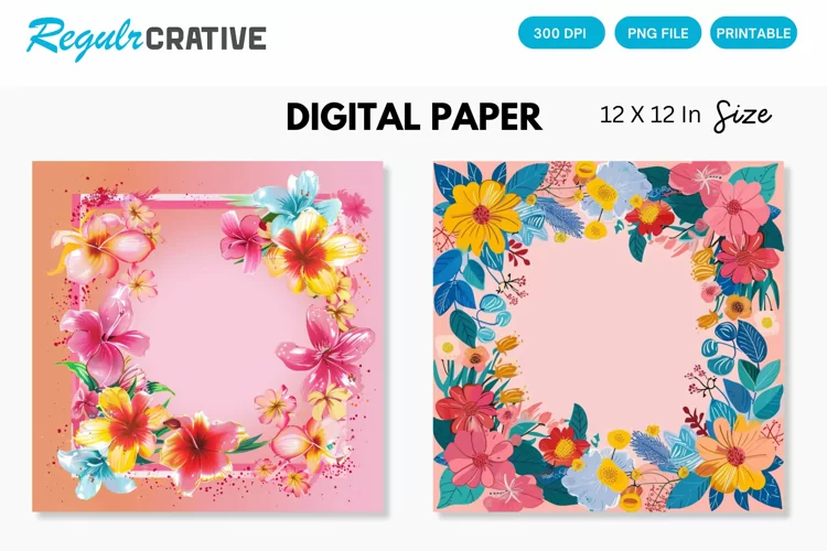 Colorful Floral Frame on Pink Digital Paper