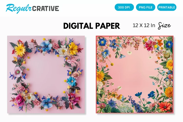 Colorful Floral Frame on Pink Digital Paper
