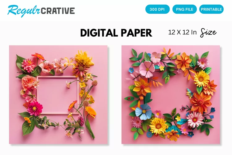 Colorful Floral Frame on Pink Digital Paper