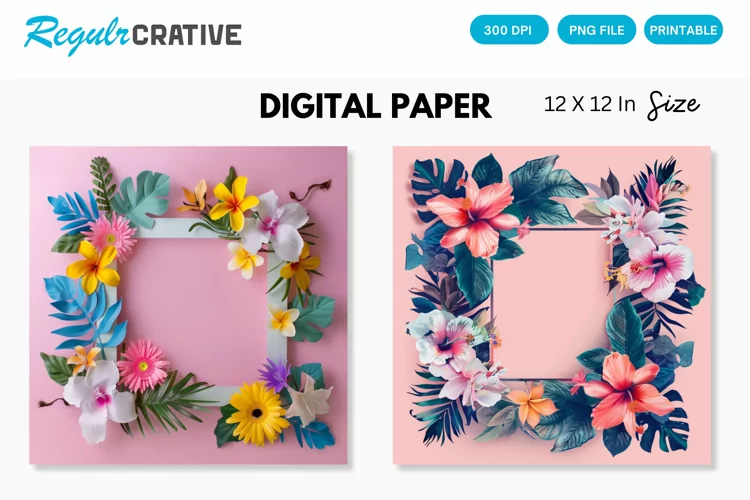 Colorful Floral Frame on Pink Digital Paper