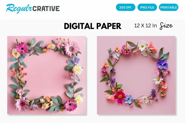 Colorful Floral Frame on Pink Digital Paper