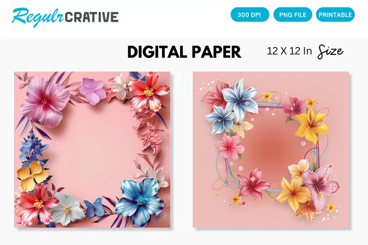 Colorful Floral Frame on Pink Digital Paper