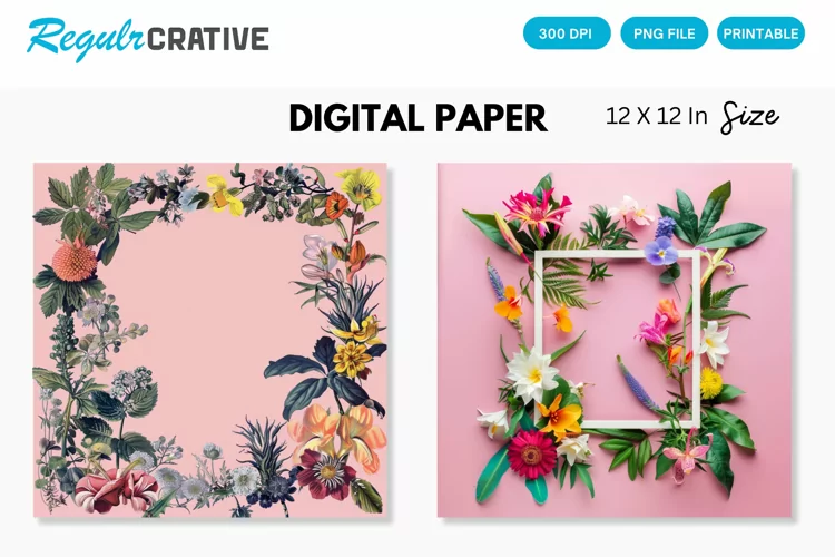 Colorful Floral Frame on Pink Digital Paper