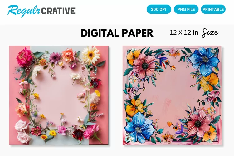 Colorful Floral Frame on Pink Digital Paper