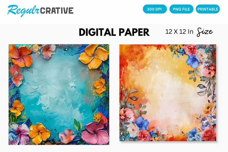 Colorful Floral Frame Painting Digital Paper