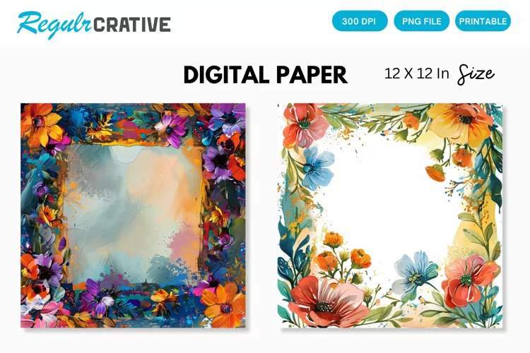 Colorful Floral Frame Painting Digital Paper